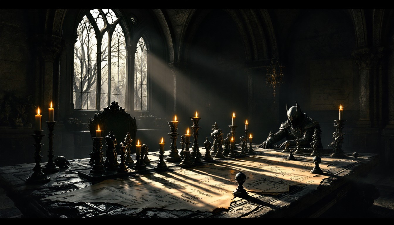 Cersei sitting on the Iron Throne in full armor, looking down at court